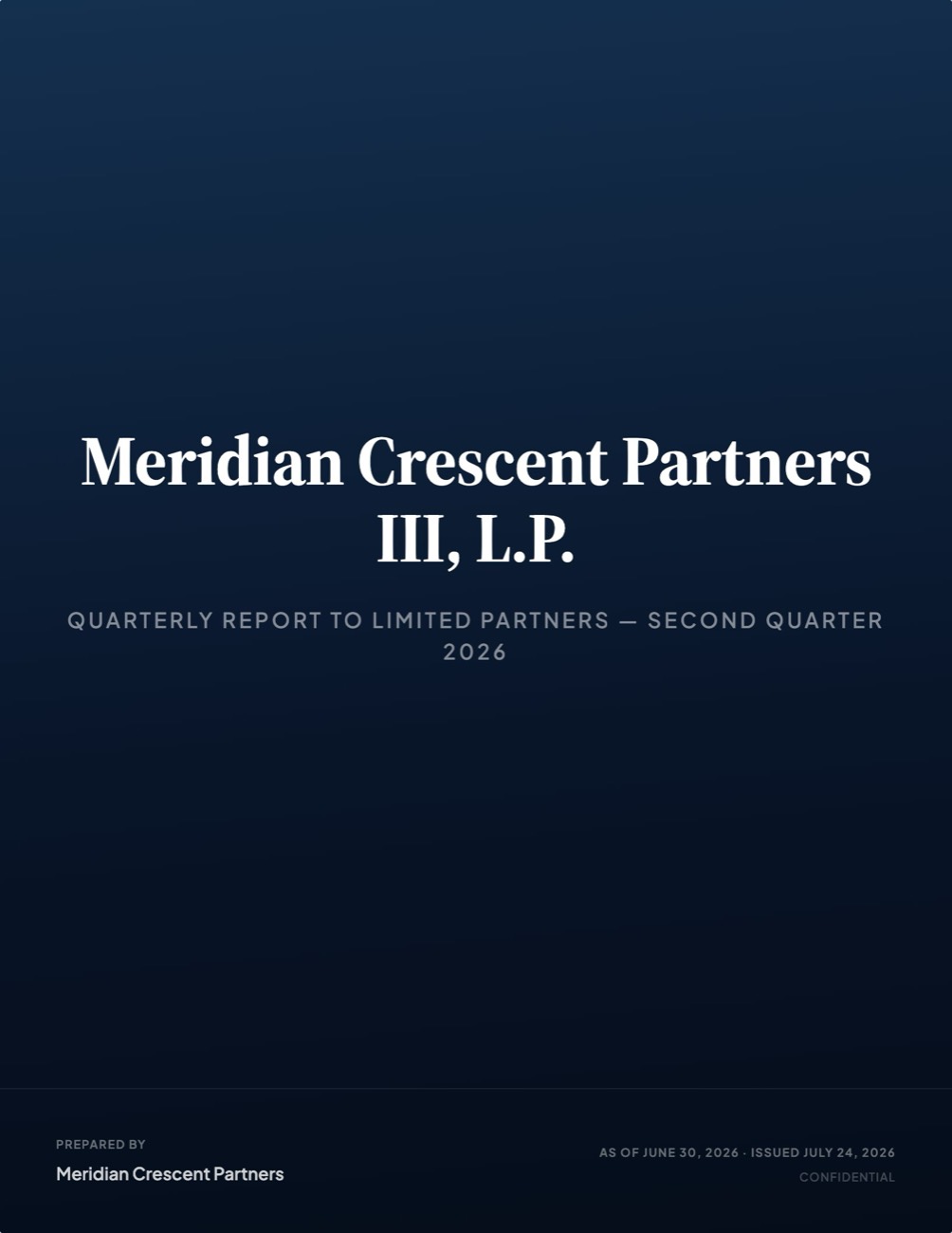 Meridian Crescent Partners III quarterly report to Limited Partners, second quarter 2026 — cover page.