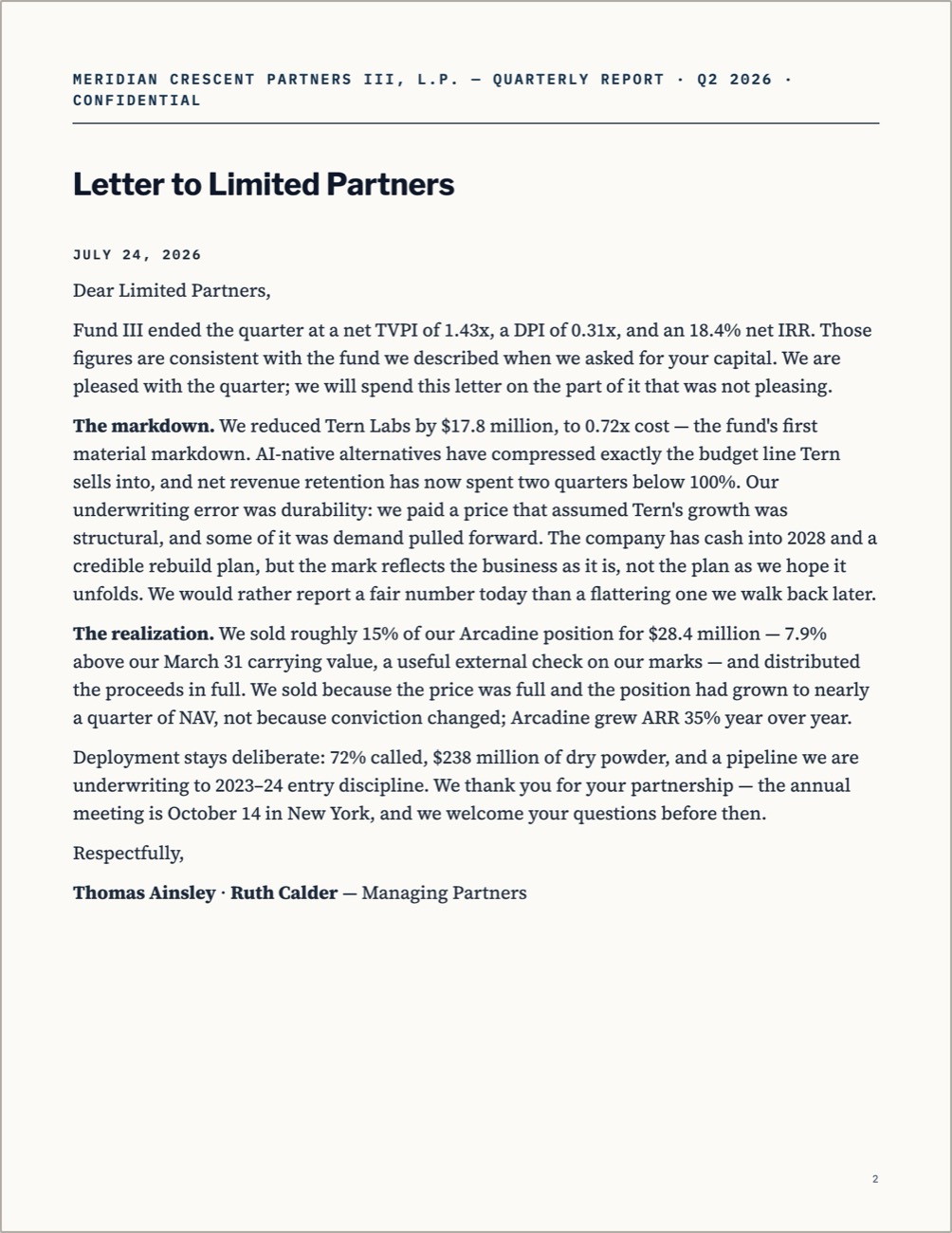 Letter to Limited Partners — the quarter's narrative, drafted from Fund III's performance data in the firm's voice.
